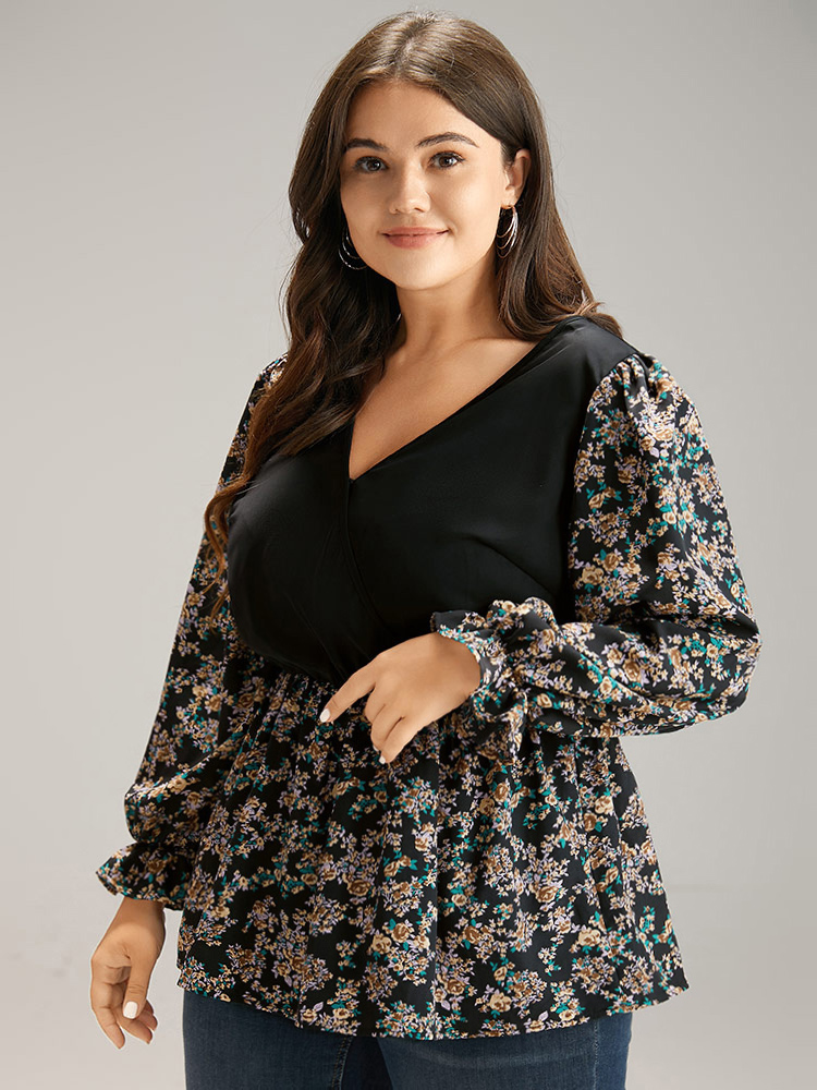 

Plus Size Black Ditsy Floral Patchwork Elastic Waist Blouse Women Elegant Long Sleeve V-neck Everyday Blouses BloomChic