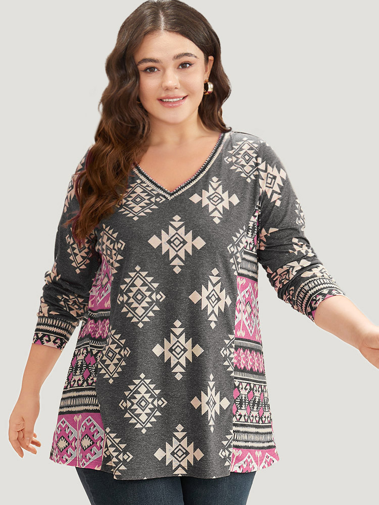Plus Size Women Dailywear Bohemian Print Printed Regular Sleeve Long Sleeve V-neck Casual T-shirts BloomChic 
