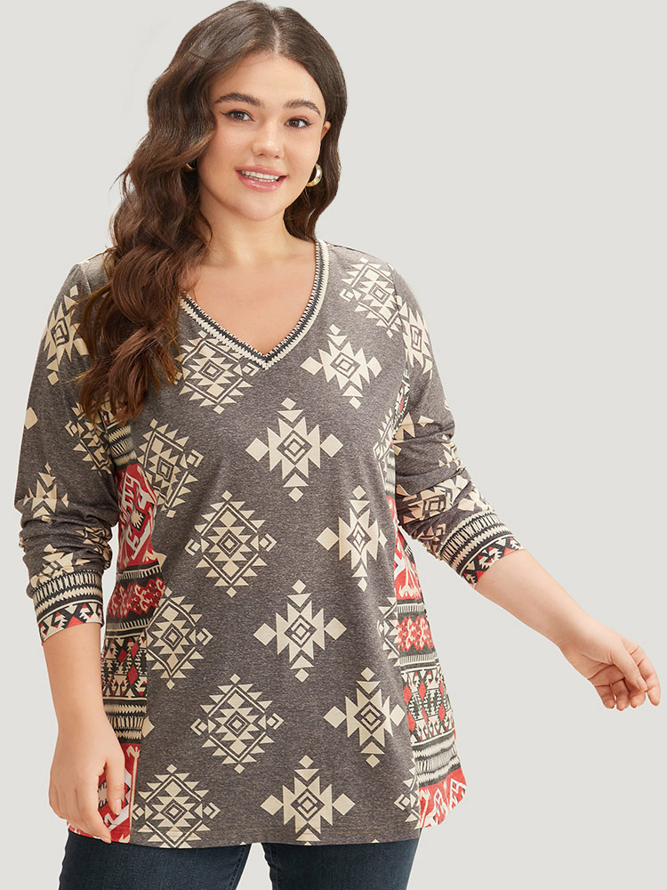 Plus Size Women Dailywear Bohemian Print Printed Regular Sleeve Long Sleeve V-neck Casual T-shirts BloomChic 