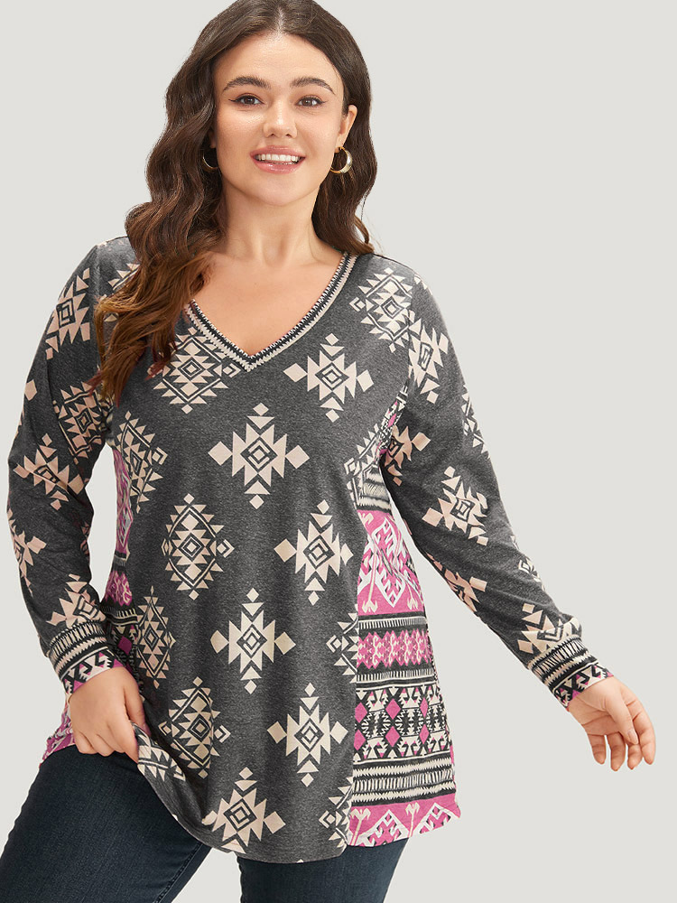 Plus Size Women Dailywear Bohemian Print Printed Regular Sleeve Long Sleeve V-neck Casual T-shirts BloomChic 