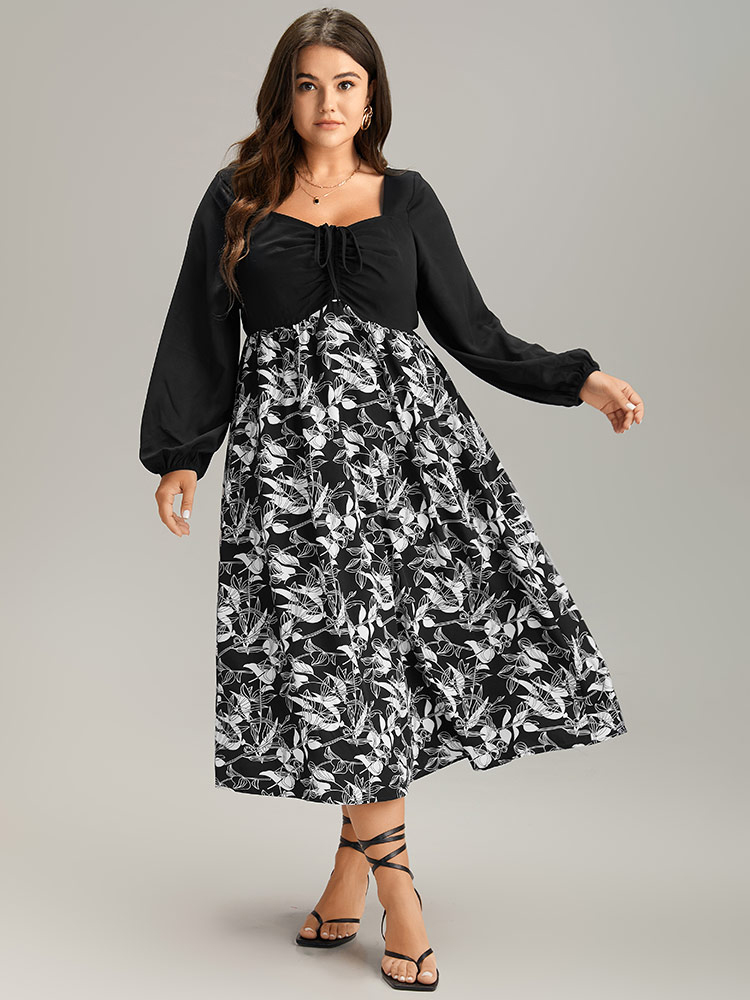 

Plus Size Floral Print Ruched Bowknot Patchwork Dress Black Women Elegant Elastic cuffs Square Neck Long Sleeve Curvy Midi Dress BloomChic