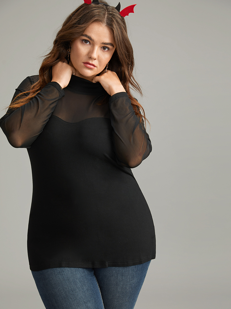 

Plus Size Halloween Plain Mesh Mock Neck Skinny T-shirt Black Mock Neck Long Sleeve Elegant Jersey Tops