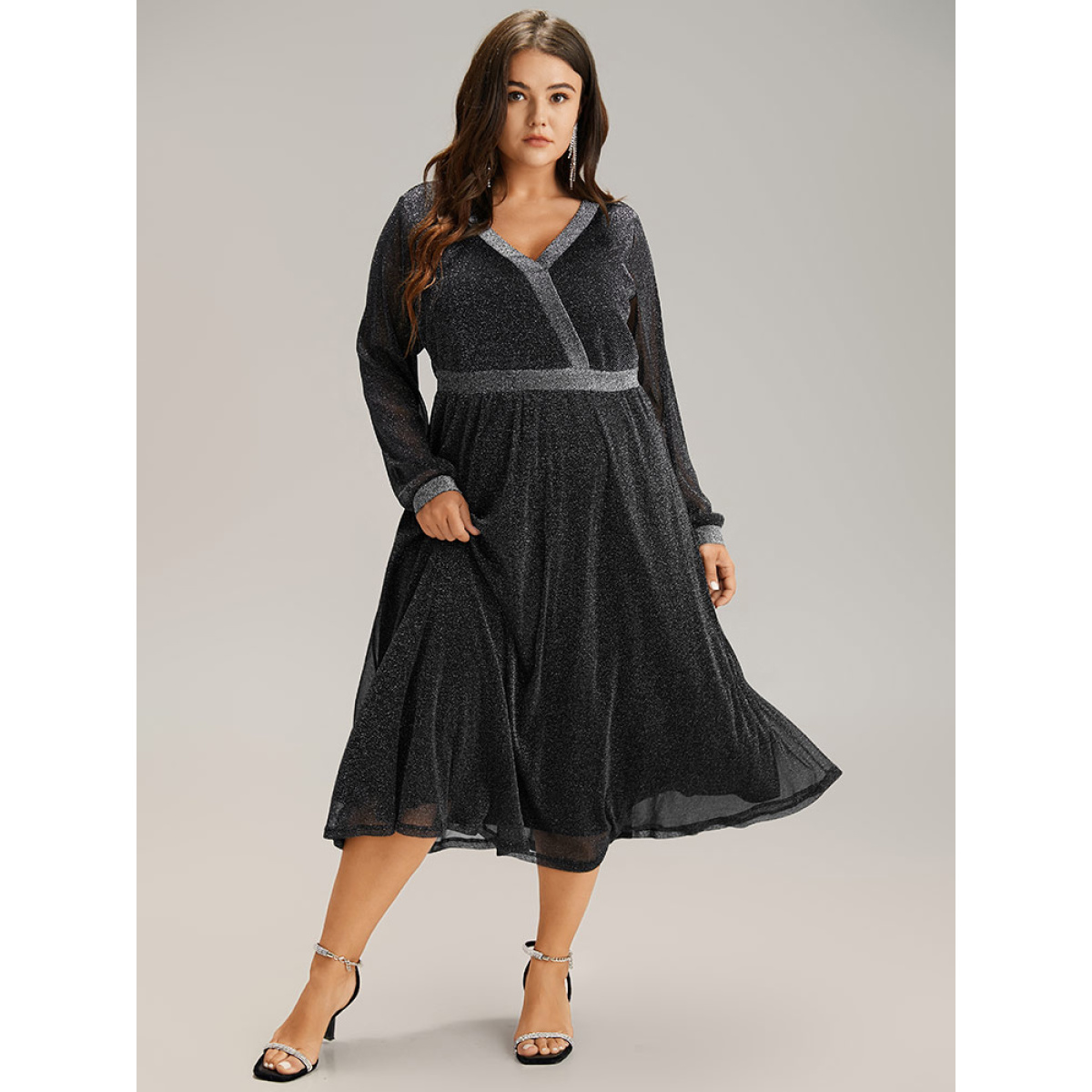 

Plus Size Lurex Patchwork Mesh Elastic Waist Dress Black Women See through V-neck Long Sleeve Curvy Midi Dress BloomChic