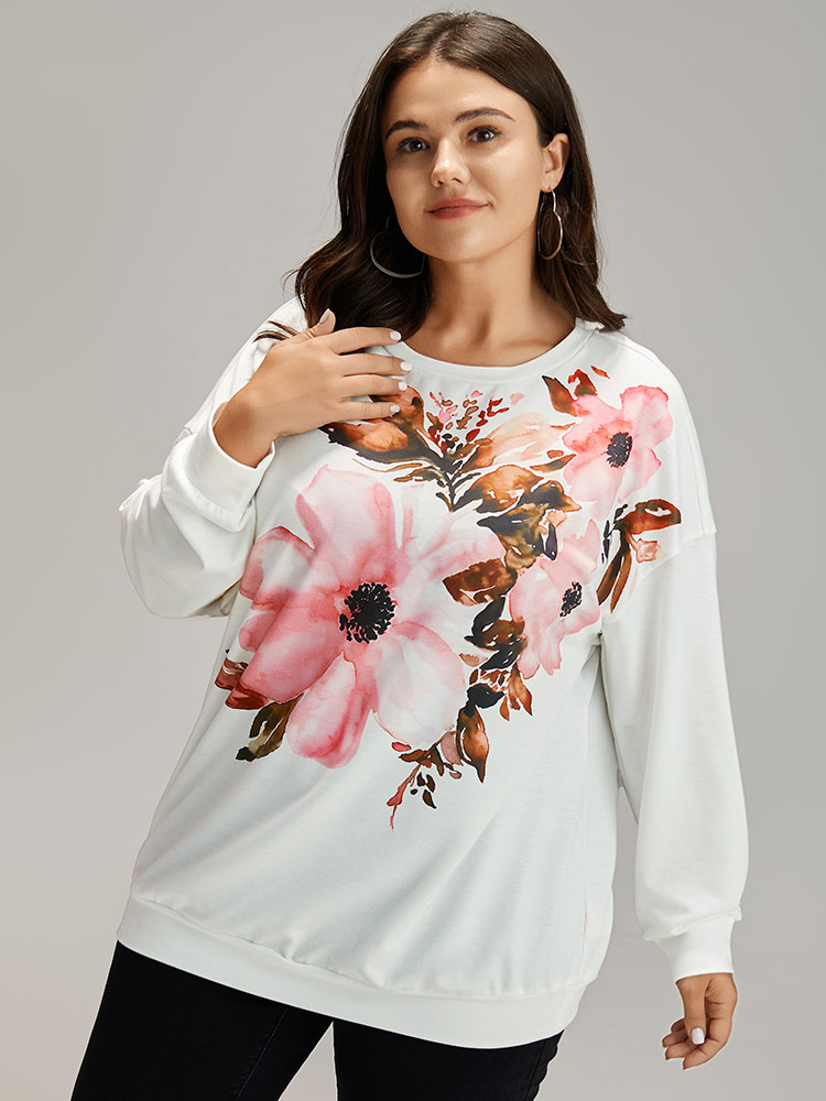 

Plus Size Floral Round Neck Elastic Cuffs Sweatshirt Women White Casual Elastic cuffs Round Neck Dailywear Sweatshirts BloomChic