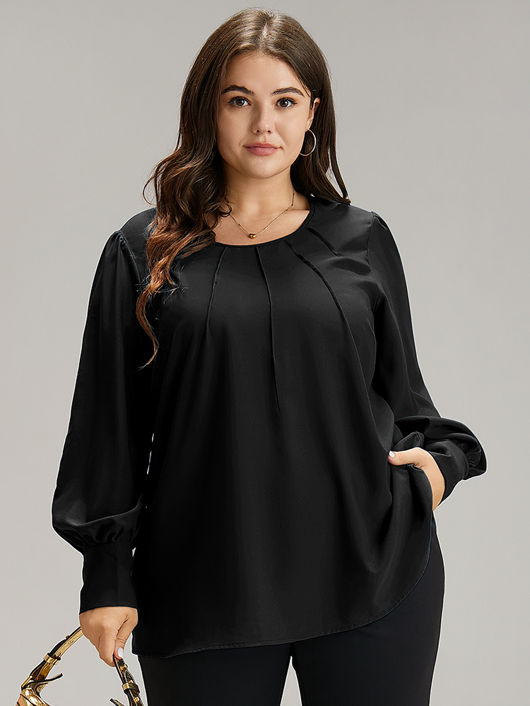 

Plus Size Black Anti-Wrinkle Solid Pleated Puff Sleeve Button Up Blouse Women Office Long Sleeve Round Neck Work Blouses BloomChic