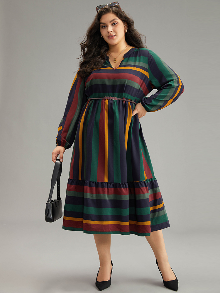 

Plus Size Rainbow Striped Notched Patchwork Dress Multicolor Women Office Elastic cuffs Notched collar Long Sleeve Curvy Midi Dress BloomChic