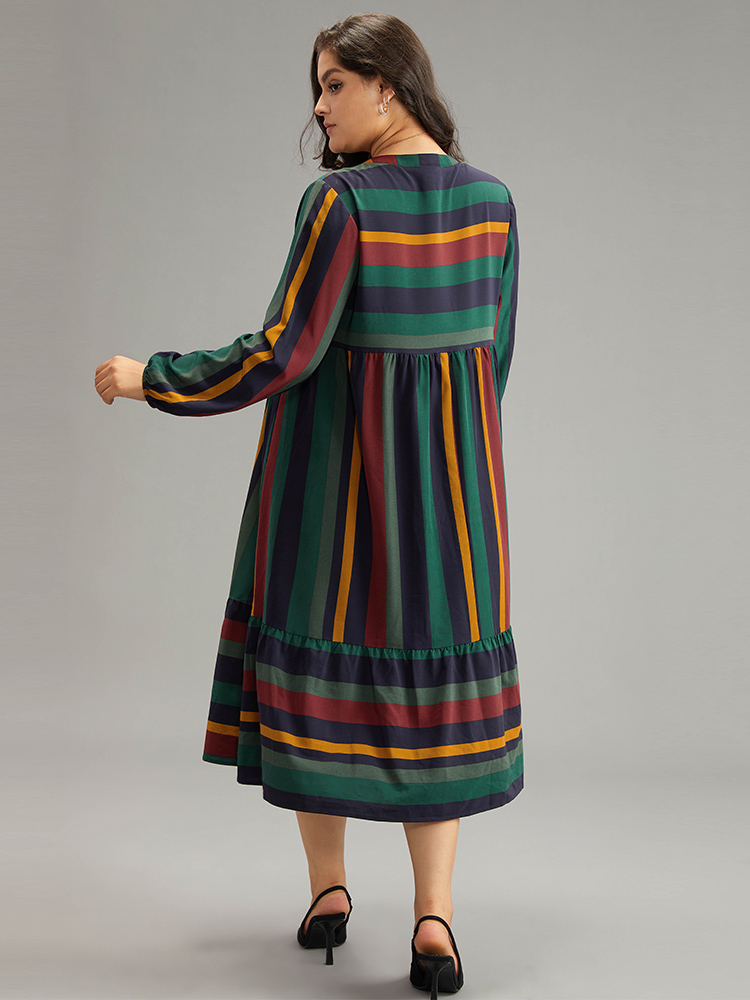 Plus Size Rainbow Striped Notched Patchwork Dress Multicolor Women Office Elastic cuffs Notched collar Long Sleeve Curvy Midi Dress BloomChic 14-16/1X 