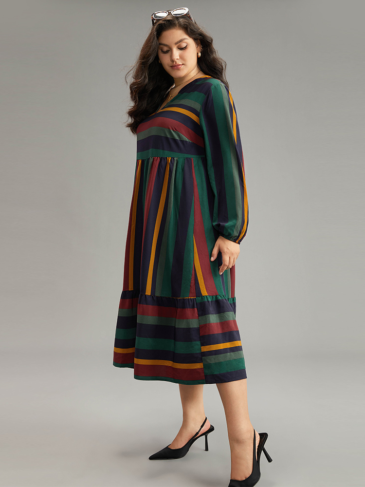Plus Size Rainbow Striped Notched Patchwork Dress Multicolor Women Office Elastic cuffs Notched collar Long Sleeve Curvy Midi Dress BloomChic 14-16/1X 