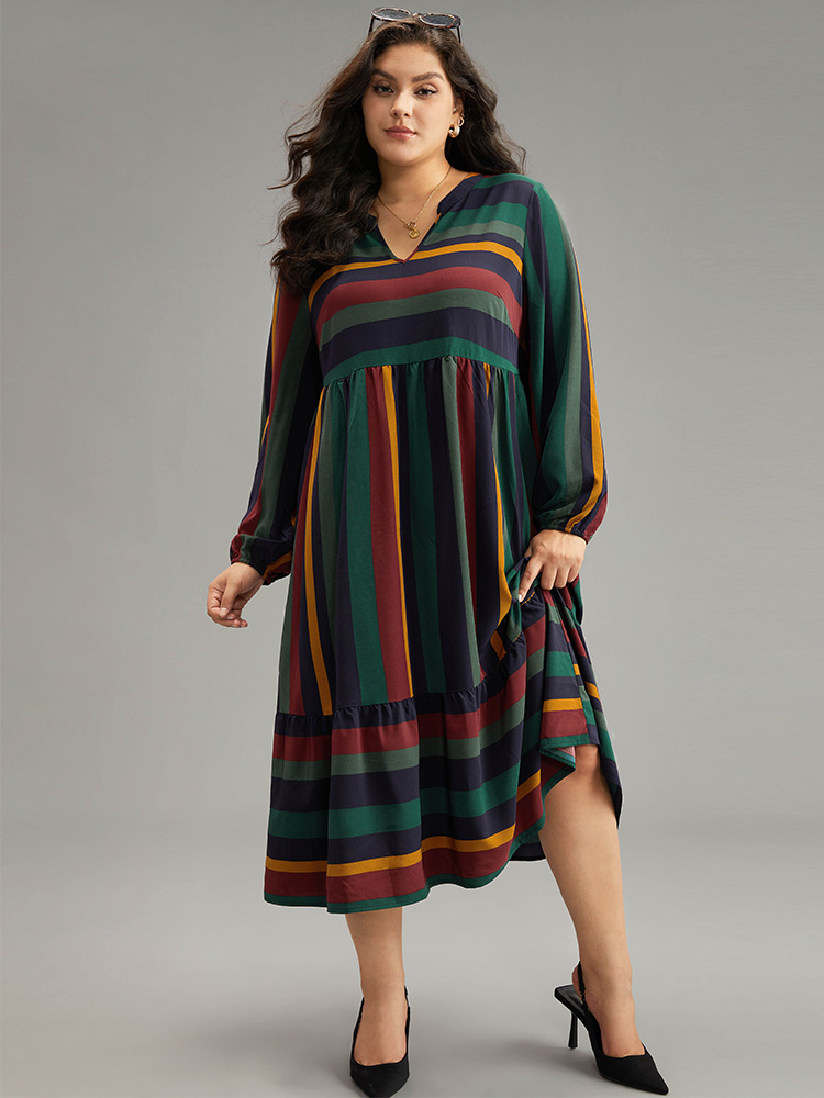Plus Size Rainbow Striped Notched Patchwork Dress Multicolor Women Office Elastic cuffs Notched collar Long Sleeve Curvy Midi Dress BloomChic 14-16/1X 