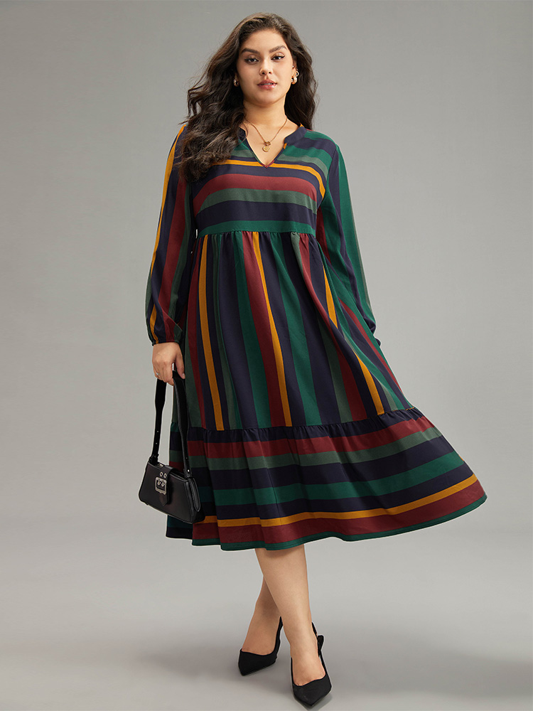 Plus Size Rainbow Striped Notched Patchwork Dress Multicolor Women Office Elastic cuffs Notched collar Long Sleeve Curvy Midi Dress BloomChic 14-16/1X 