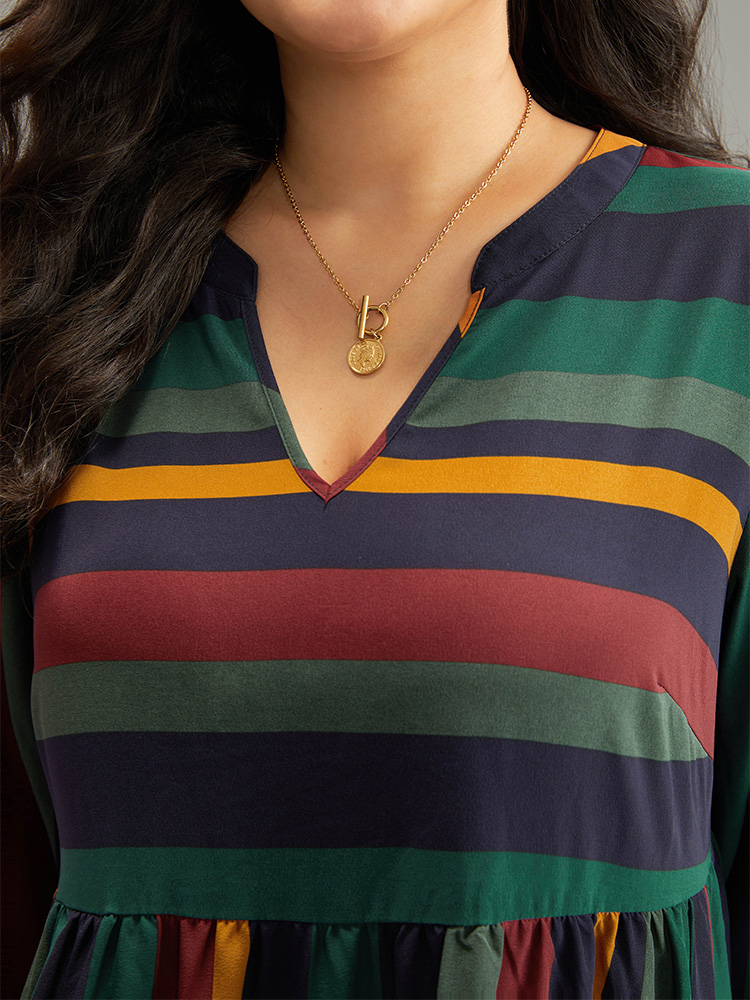 Plus Size Rainbow Striped Notched Patchwork Dress Multicolor Women Office Elastic cuffs Notched collar Long Sleeve Curvy Midi Dress BloomChic 14-16/1X 