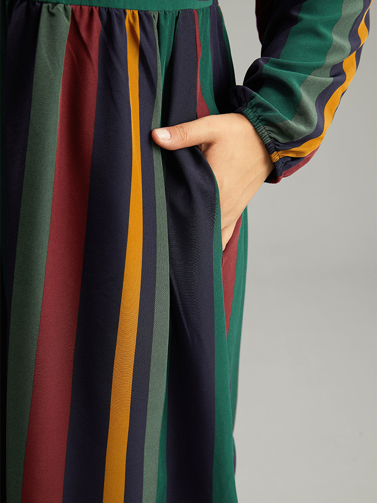 

Plus Size Rainbow Striped Notched Patchwork Dress Multicolor Women Office Elastic cuffs Notched collar Long Sleeve Curvy Midi Dress BloomChic