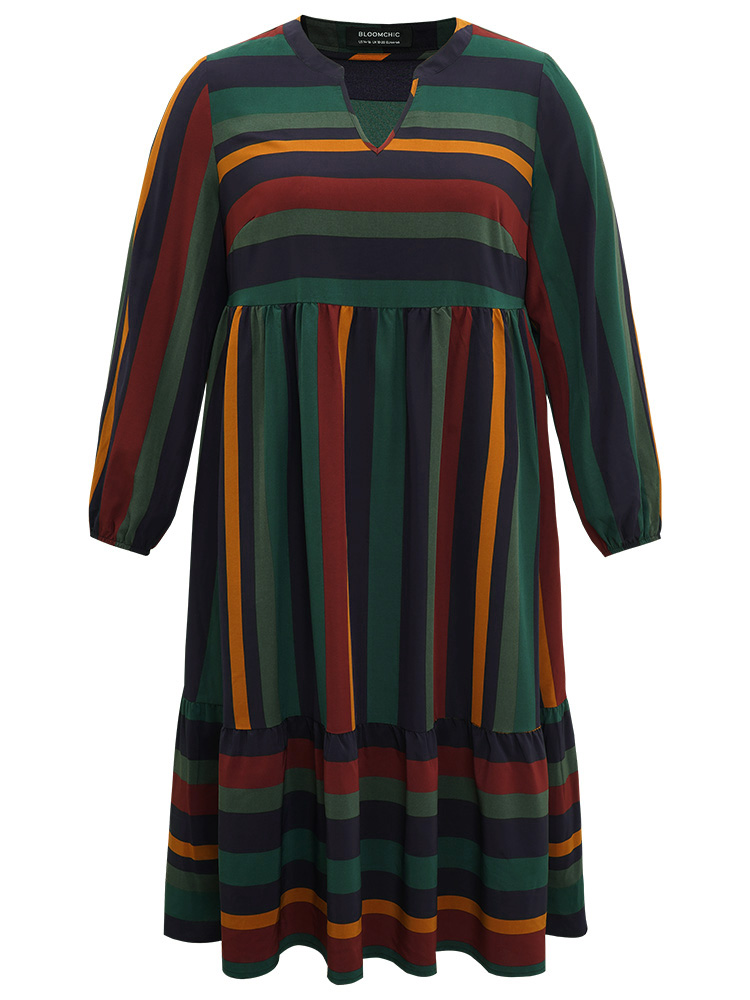 Plus Size Rainbow Striped Notched Patchwork Dress Multicolor Women Office Elastic cuffs Notched collar Long Sleeve Curvy Midi Dress BloomChic 14-16/1X 
