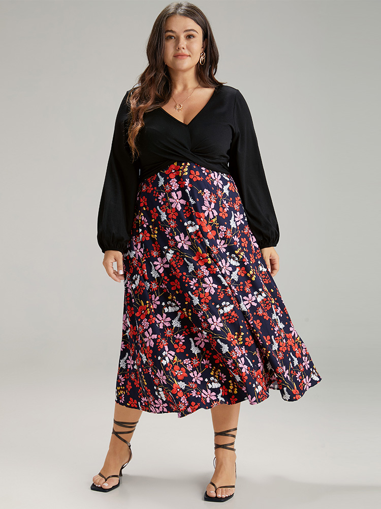 

Plus Size Floral Patchwork Crossover Pocket Dress Black Women Elegant Elastic cuffs V-neck Long Sleeve Curvy Midi Dress BloomChic