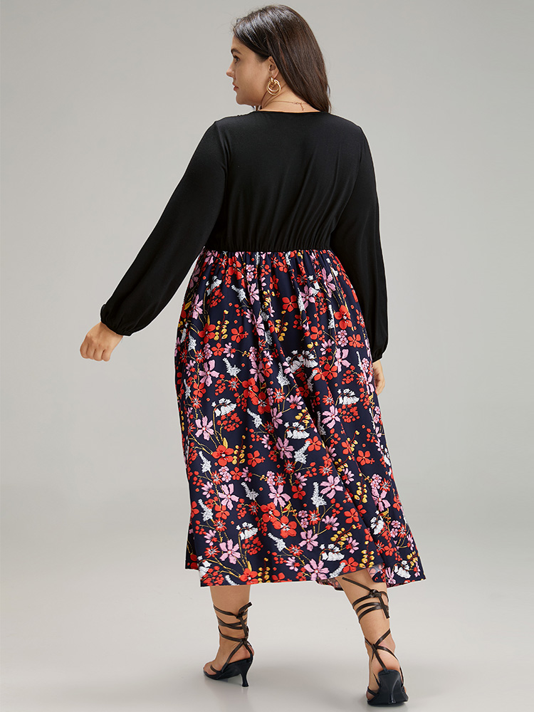 Plus Size Floral Patchwork Crossover Pocket Dress Black Women Elegant Elastic cuffs V-neck Long Sleeve Curvy Midi Dress BloomChic 10/M 