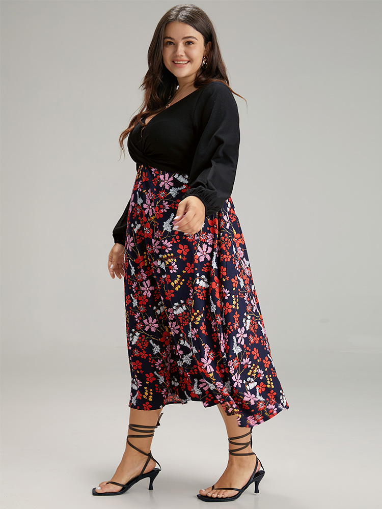 Plus Size Floral Patchwork Crossover Pocket Dress Black Women Elegant Elastic cuffs V-neck Long Sleeve Curvy Midi Dress BloomChic 10/M 