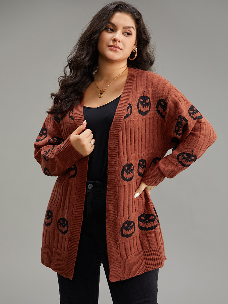 

Plus Size Halloween Pumpkin Graphic Open Front Cardigan Rust Women Casual Loose Long Sleeve Festival-Halloween Cardigans BloomChic