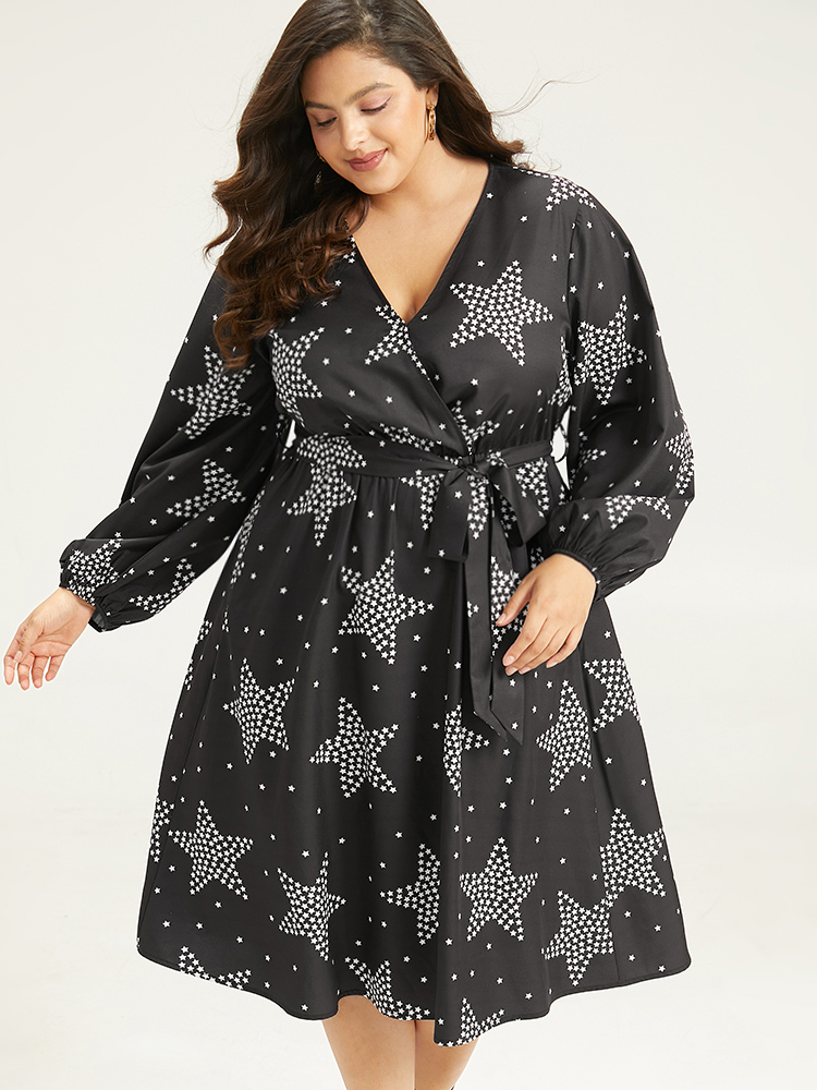 Plus Size Women Dailywear Star and moon Elastic cuffs Lantern Sleeve Long Sleeve V-neck Pocket Belt Casual Dresses BloomChic 