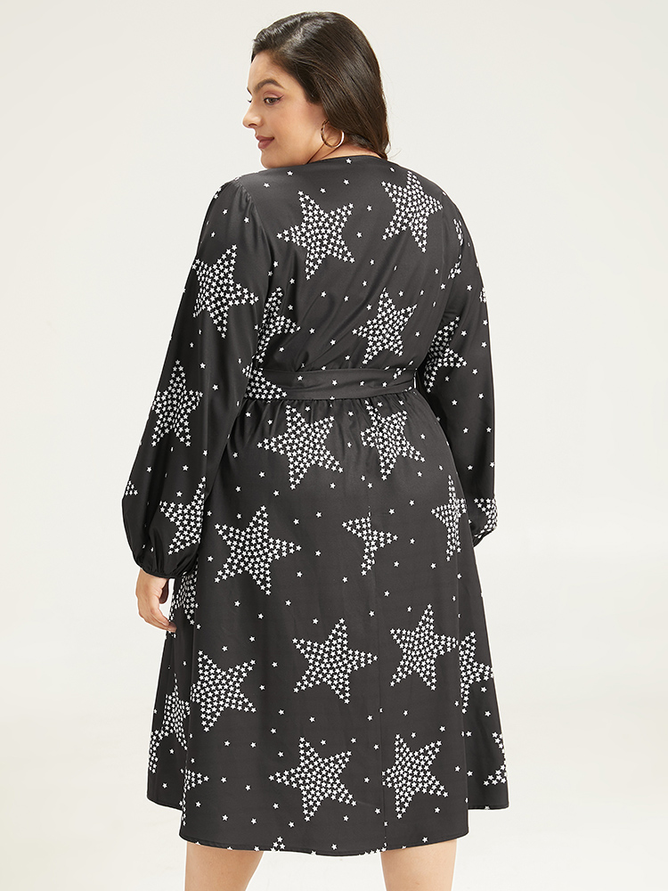 Plus Size Women Dailywear Star and moon Elastic cuffs Lantern Sleeve Long Sleeve V-neck Pocket Belt Casual Dresses BloomChic 