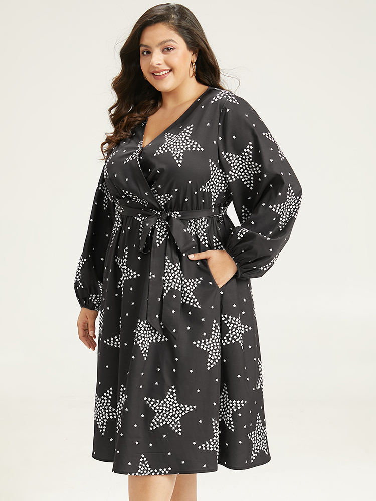 Plus Size Women Dailywear Star and moon Elastic cuffs Lantern Sleeve Long Sleeve V-neck Pocket Belt Casual Dresses BloomChic 
