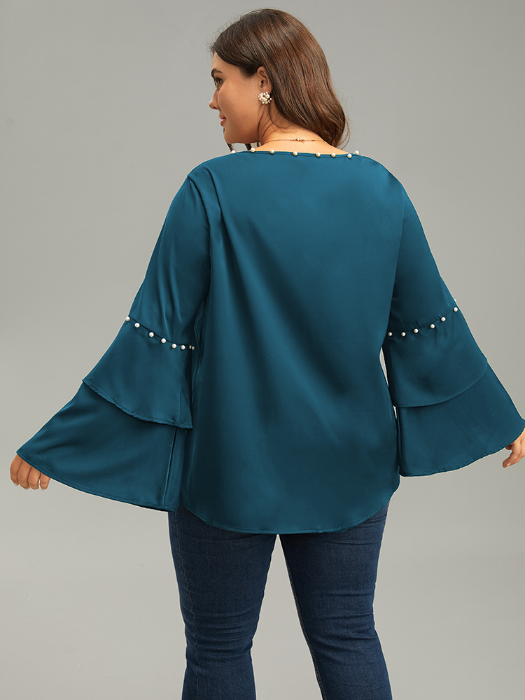 

Plus Size Cyan Anti-Wrinkle Pearl Beaded Ruffle Layered Sleeve Blouse Women Glamour Long Sleeve Round Neck Going out Blouses BloomChic