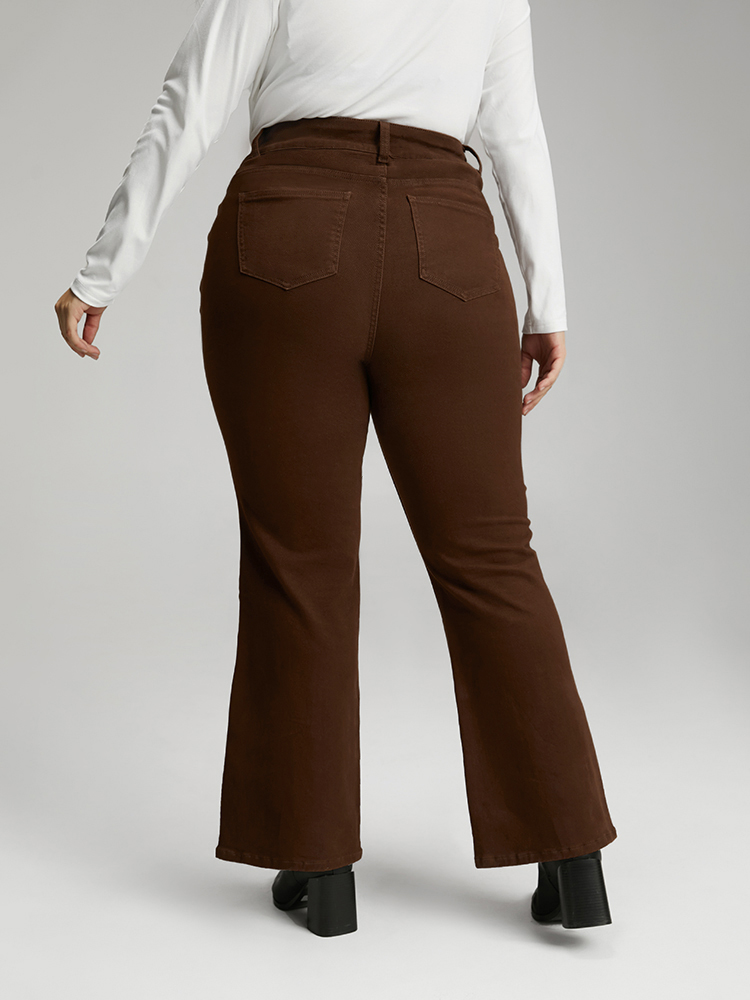 Plus Size Cotton Bootcut Color Wash High Rise Jeans Women DarkBrown Casual Plain Plain High stretch Pocket Jeans BloomChic 12/L 