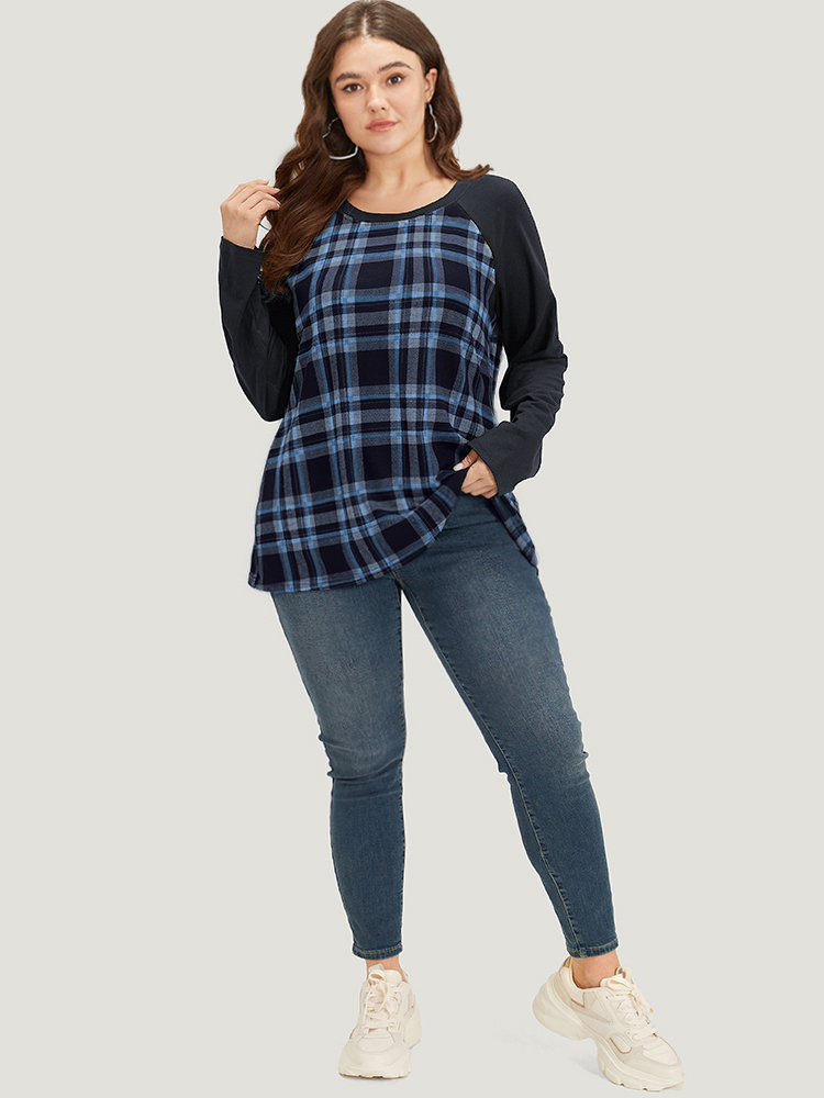 Plus Size Plaid Raglan Sleeve Crew Neck T-shirt Blue Women Casual Patchwork Plaid Round Neck Dailywear T-shirts BloomChic 22-24/3X 