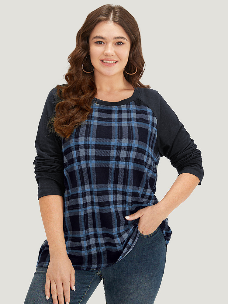 Plus Size Plaid Raglan Sleeve Crew Neck T-shirt Blue Women Casual Patchwork Plaid Round Neck Dailywear T-shirts BloomChic 22-24/3X 