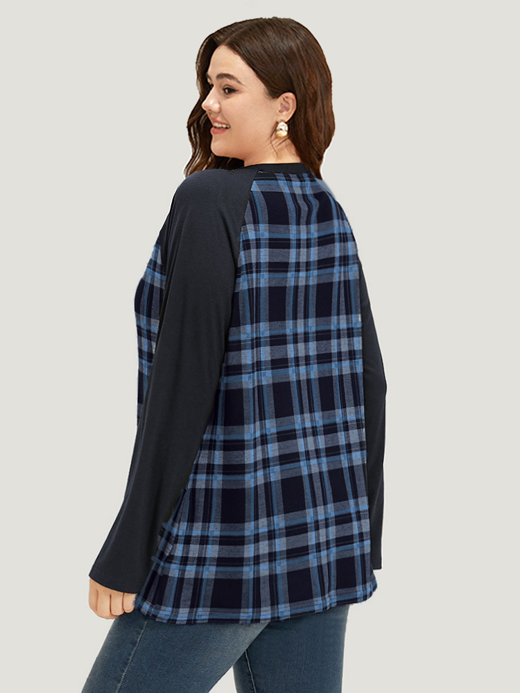 Plus Size Plaid Raglan Sleeve Crew Neck T-shirt Blue Women Casual Patchwork Plaid Round Neck Dailywear T-shirts BloomChic 22-24/3X 