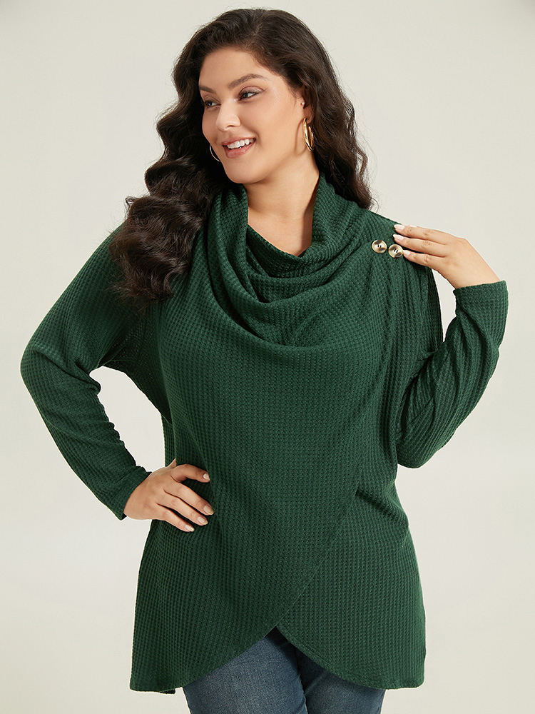 

Plus Size Waffle Knit Cowl Neck Wrap Hem T-shirt DarkGreen Cowl Neck Long Sleeve Elegant Jersey Tops