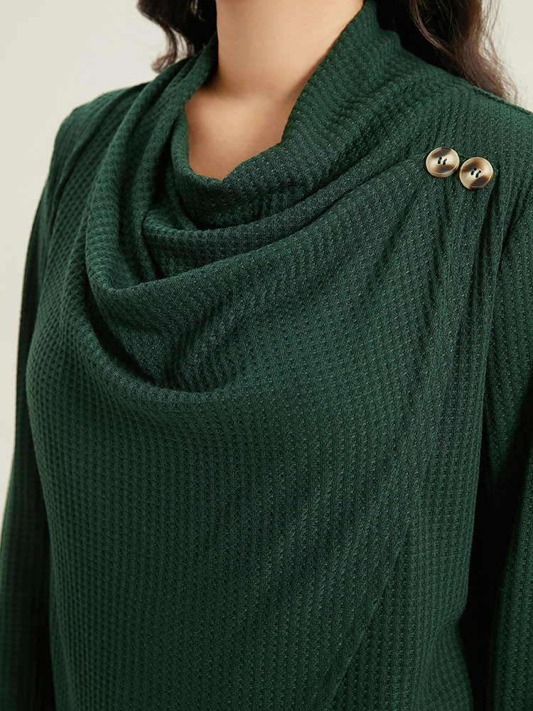 

Plus Size Waffle Knit Cowl Neck Wrap Hem T-shirt DarkGreen Cowl Neck Long Sleeve Elegant Jersey Tops