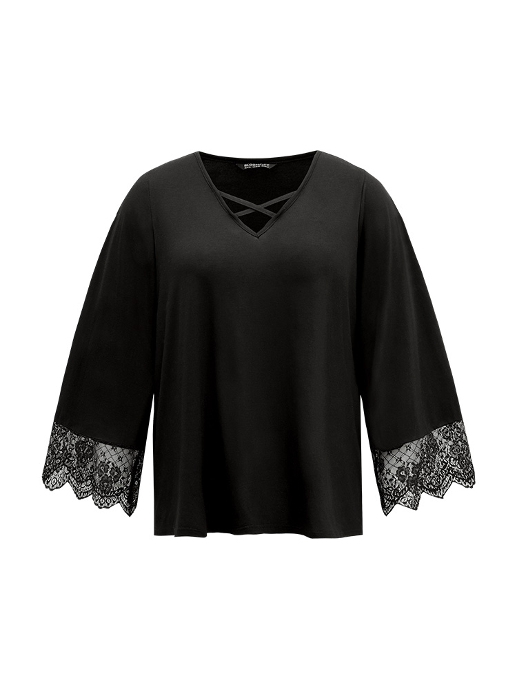 

Guipure Lace Crisscross Flutter Sleeve T-shirt, Black