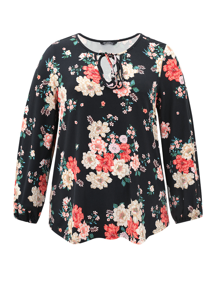 

Floral Tie Neck Lantern Sleeve T-shirt, Black