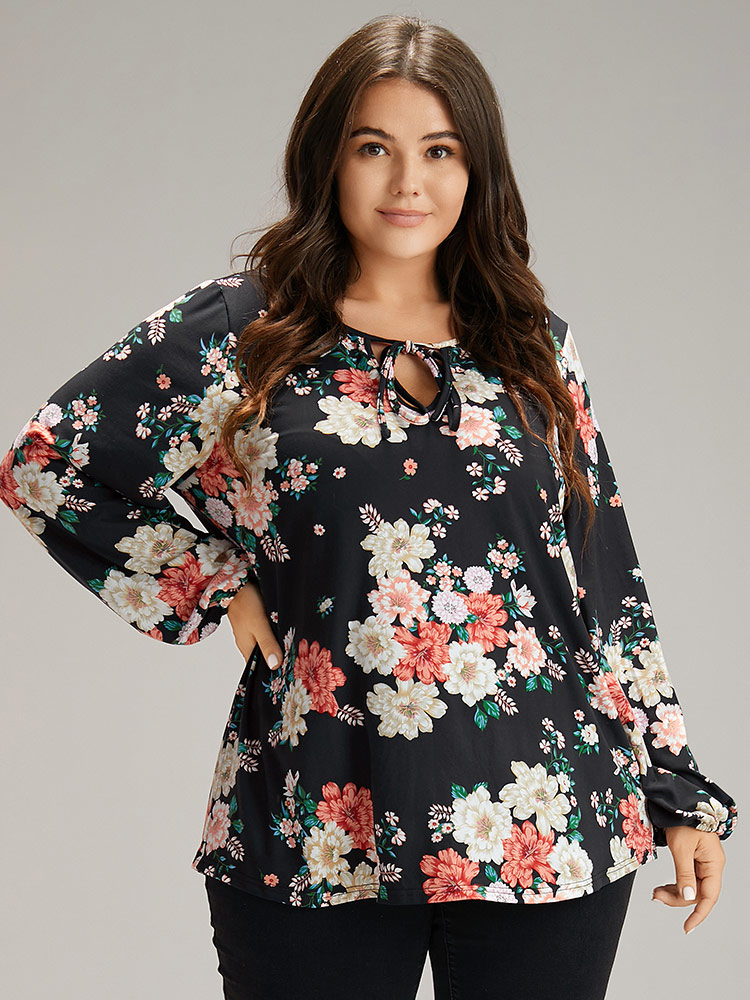 Plus Size Women Dailywear Floral Elastic cuffs Lantern Sleeve Long Sleeve Tie Neck Elegant T-shirts BloomChic 