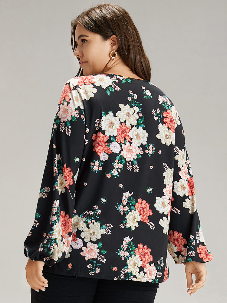 Plus Size Women Dailywear Floral Elastic cuffs Lantern Sleeve Long Sleeve Tie Neck Elegant T-shirts BloomChic 