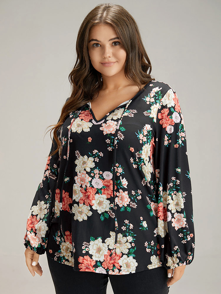 Plus Size Women Dailywear Floral Elastic cuffs Lantern Sleeve Long Sleeve Tie Neck Elegant T-shirts BloomChic 