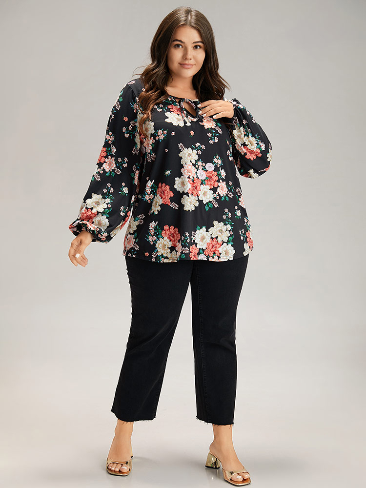 Plus Size Women Dailywear Floral Elastic cuffs Lantern Sleeve Long Sleeve Tie Neck Elegant T-shirts BloomChic 