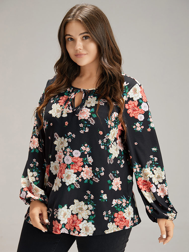 Plus Size Women Dailywear Floral Elastic cuffs Lantern Sleeve Long Sleeve Tie Neck Elegant T-shirts BloomChic 