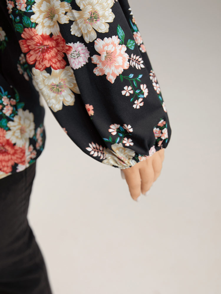 Plus Size Women Dailywear Floral Elastic cuffs Lantern Sleeve Long Sleeve Tie Neck Elegant T-shirts BloomChic 