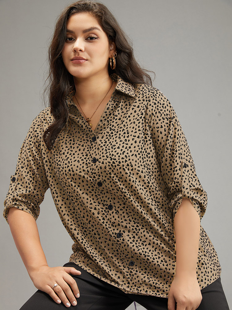 

Plus Size Apricot Leopard Print Shirt Collar Button Through Blouse Women Office Elbow-length sleeve Shirt collar Work Blouses BloomChic