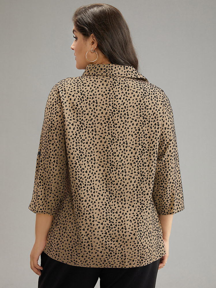 Plus Size Apricot Leopard Print Shirt Collar Button Through Blouse Women Office Elbow-length sleeve Shirt collar Work Blouses BloomChic 10/M 