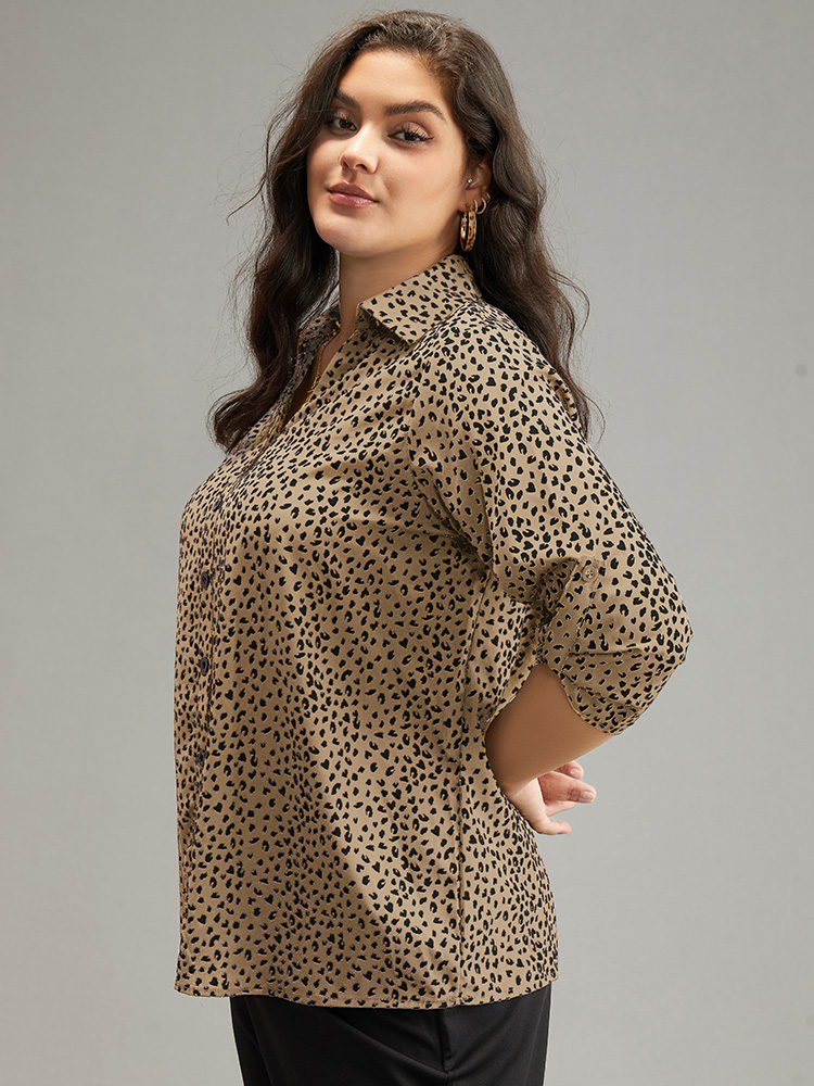 Plus Size Apricot Leopard Print Shirt Collar Button Through Blouse Women Office Elbow-length sleeve Shirt collar Work Blouses BloomChic 10/M 