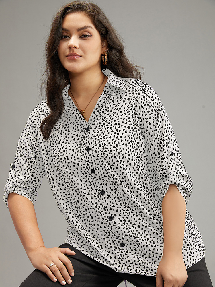 

Plus Size White Leopard Print Shirt Collar Button Through Blouse Women Office Elbow-length sleeve Shirt collar Work Blouses BloomChic