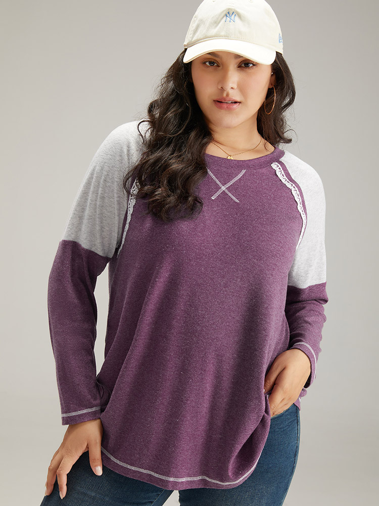 Plus Size Women Dailywear Plain Contrast Raglan sleeve Long Sleeve Round Neck Casual T-shirts BloomChic 