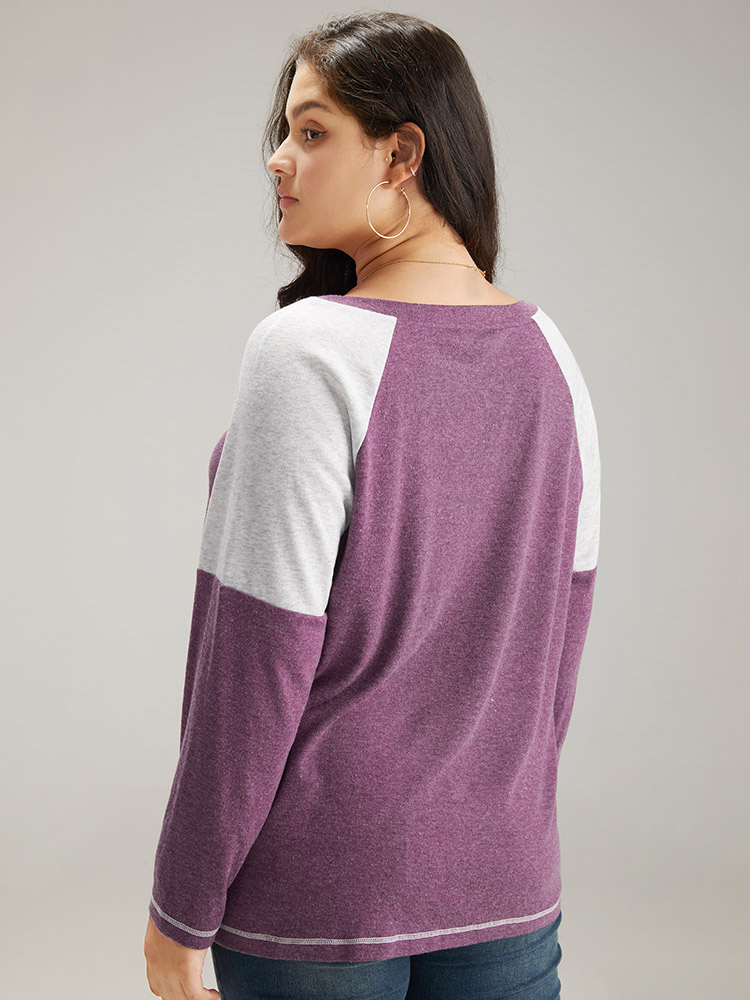 Plus Size Women Dailywear Plain Contrast Raglan sleeve Long Sleeve Round Neck Casual T-shirts BloomChic 