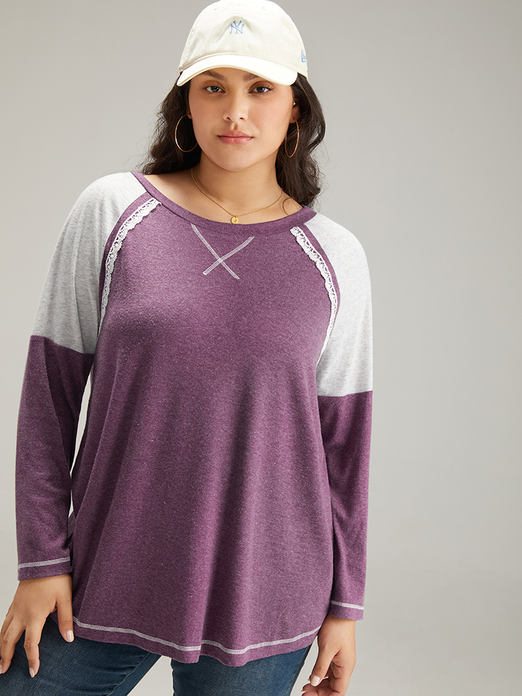 Plus Size Women Dailywear Plain Contrast Raglan sleeve Long Sleeve Round Neck Casual T-shirts BloomChic 