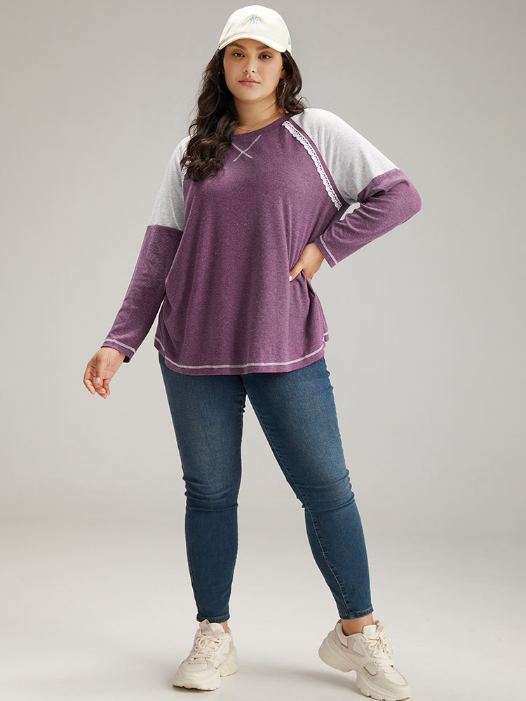 Plus Size Women Dailywear Plain Contrast Raglan sleeve Long Sleeve Round Neck Casual T-shirts BloomChic 