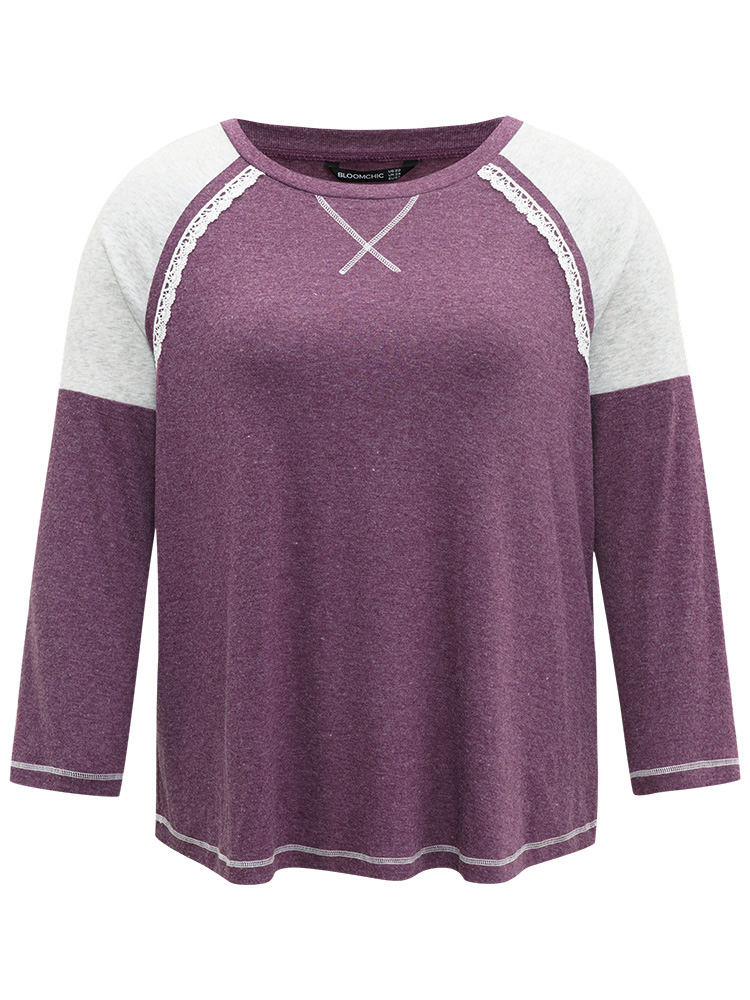 Plus Size Women Dailywear Plain Contrast Raglan sleeve Long Sleeve Round Neck Casual T-shirts BloomChic 