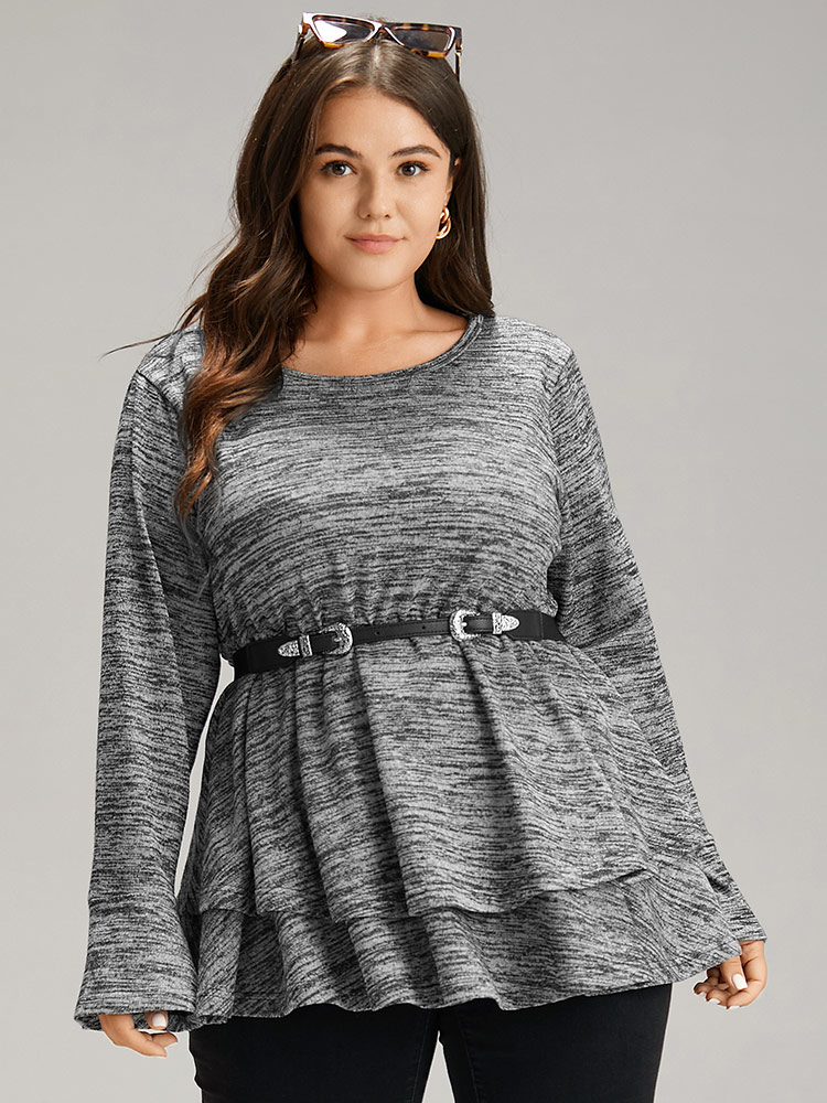 

Plain Ruffle Layered Hem T-shirt, Gray