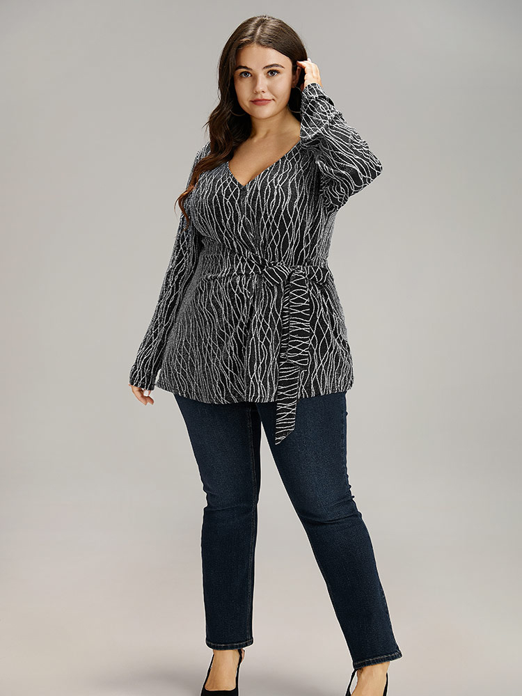 

Plus Size Lurex Geo Bowknot Front T-shirt Black V-neck Long Sleeve Elegant Jersey Tops